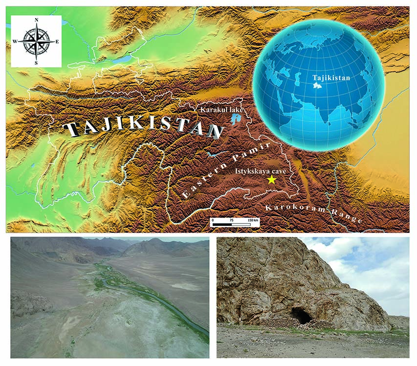 Расположение Истыкской пещеры (звезда) на карте Таджикистана (сверху; карта: © Pawel Zelwan/depositphotos.com, 2021; c изменениями), вид на долину и вход в пещеру (снизу; фото С.В. Шнайдер)