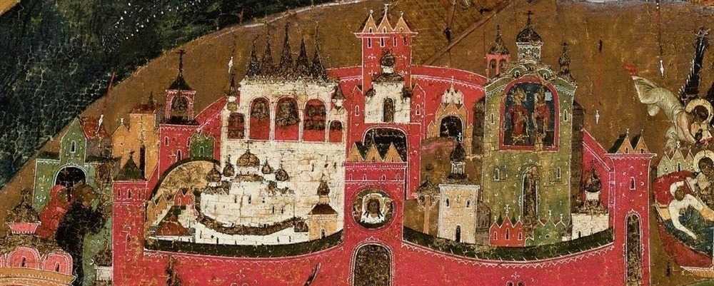 Софийский собор слева и церковь Бориса и Глеба справа на фрагменте иконы с видом Новгородского кремля XVI в.
