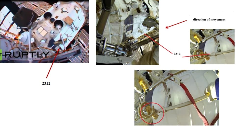 Направление движения станции и размещение свертка хлопчатобумажной ткани, закрепленного на внешней поверхности МКС